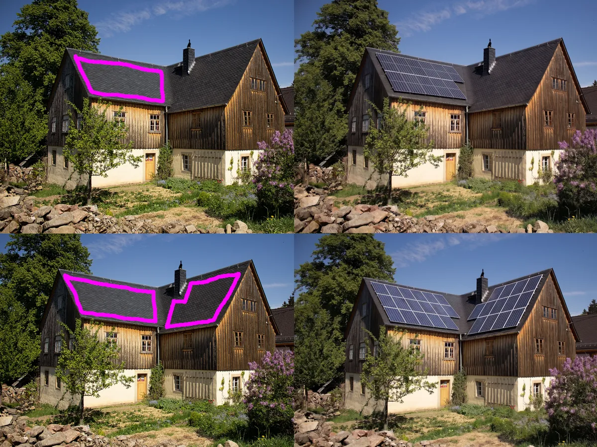 Vergleich von Teilbelegung und Vollbelegung: markierte Dachflächen und die daraus generierten PV-Visualisierungen desselben Hauses